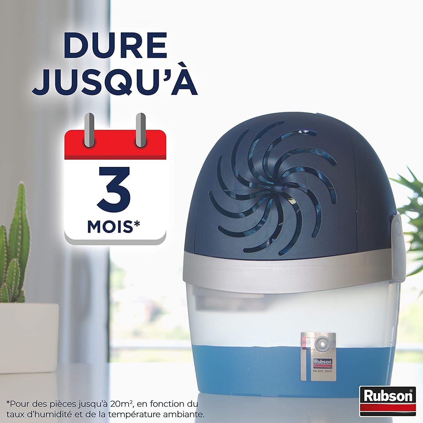 Rubson AERO 360° Absorbeur d'humidité pour pièce de 20 m², déshumidificateur d'air efficace, anti odeur & anti moisissure, inclus 1 recharge neutre 450 g - Packaging renforcé, envoi en toute sécurité