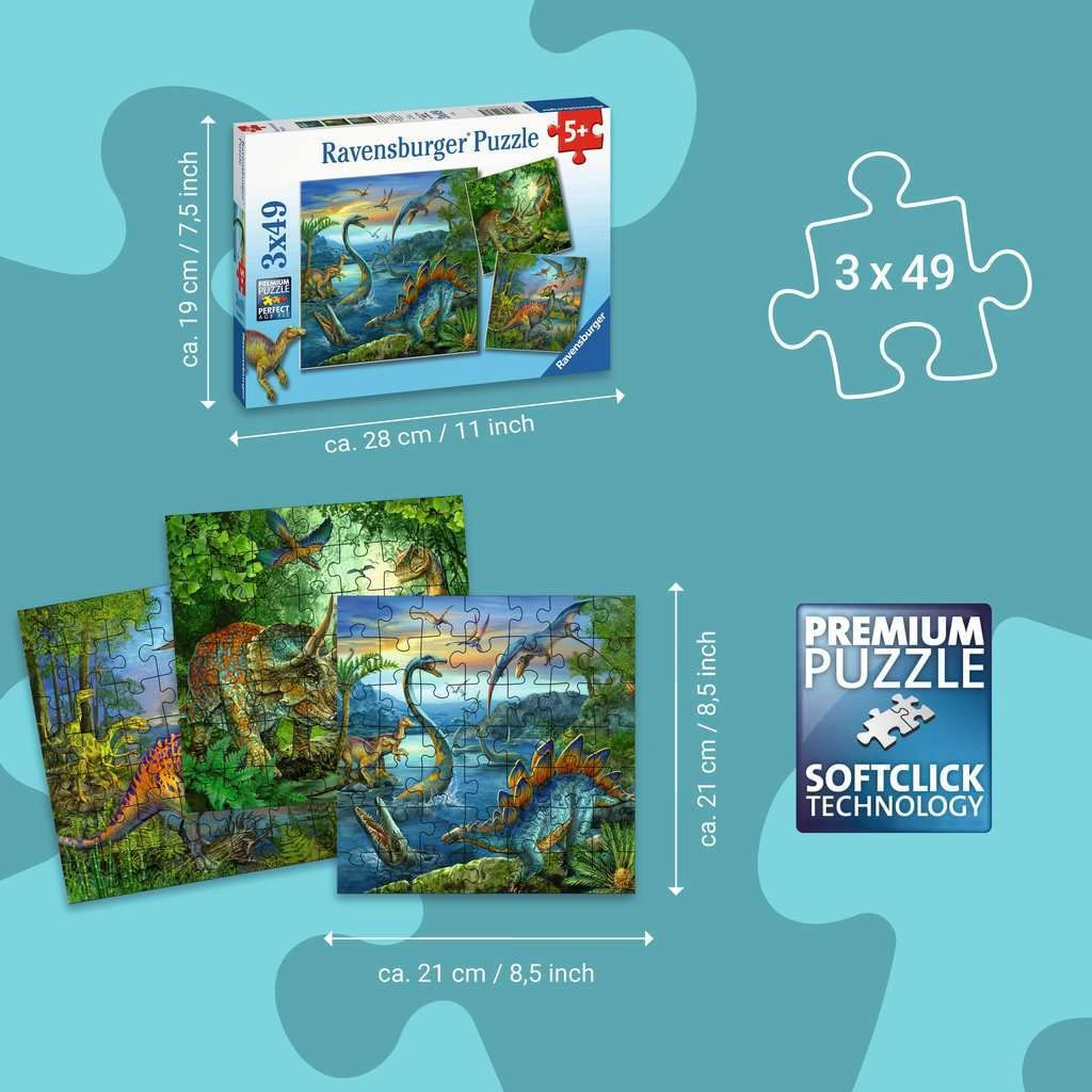 Ravensburger - Puzzle Enfant - Lot de 3 puzzles 49 pièces - La fascination des dinosaures - Fille ou garçon dès 5 ans - Puzzle de qualité supérieure - 3 posters inclus - Jurassique & Crétacé - 09317