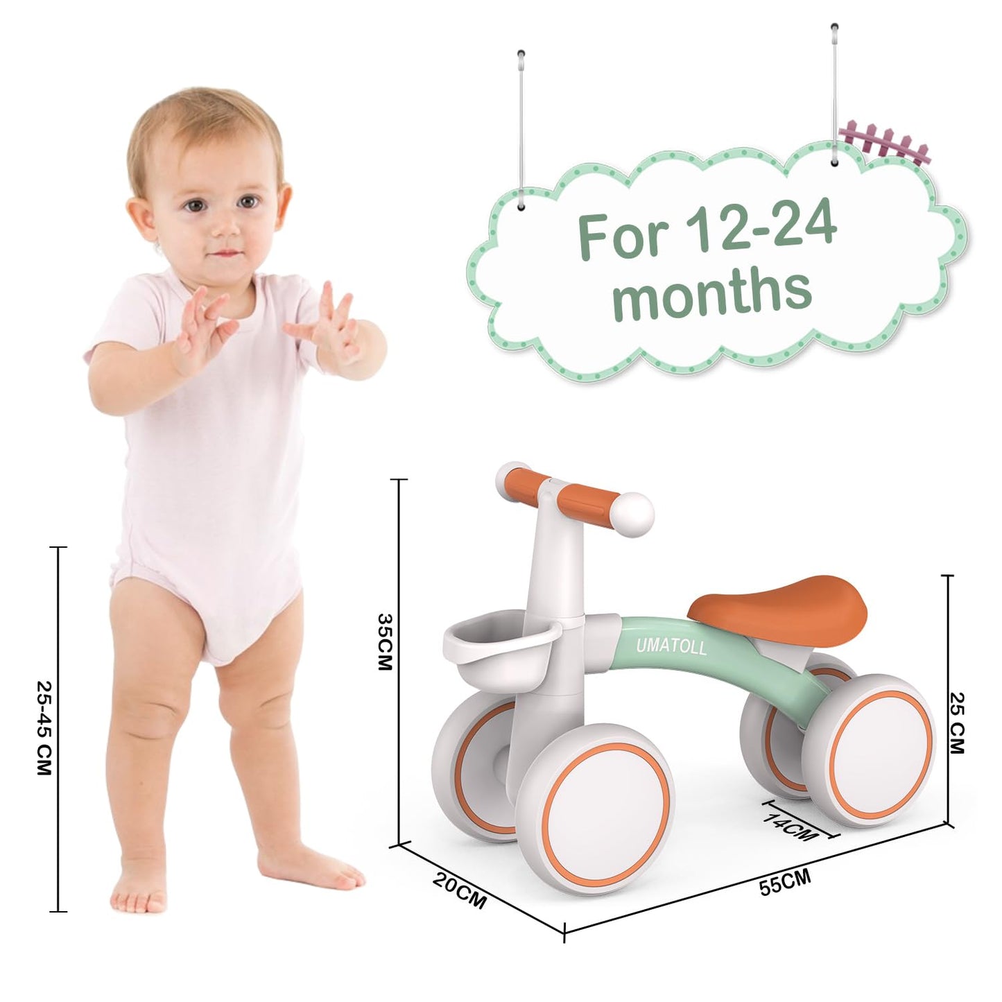 Umatoll Draisienne Bebe 1 an, Jouet Enfant pour 12-24 Mois, Vélo avec Panier pour Garçons et Filles, Premier Cadeau Anniversaire Noel(Vert)