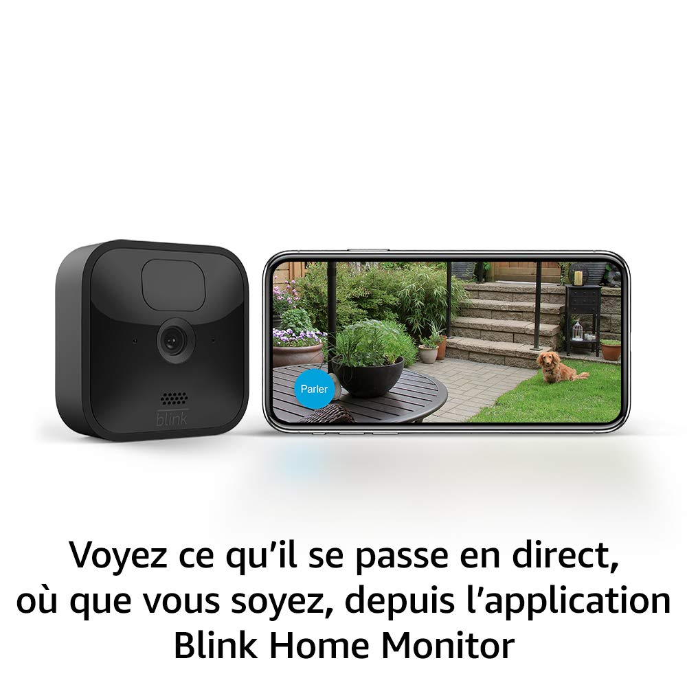 Blink Outdoor, Caméra de surveillance HD sans fil, résistante aux intempéries, Kit 3 caméra + Blink Mini, Caméra d'intérieur connectée compacte à brancher, fonctionne avec Alexa