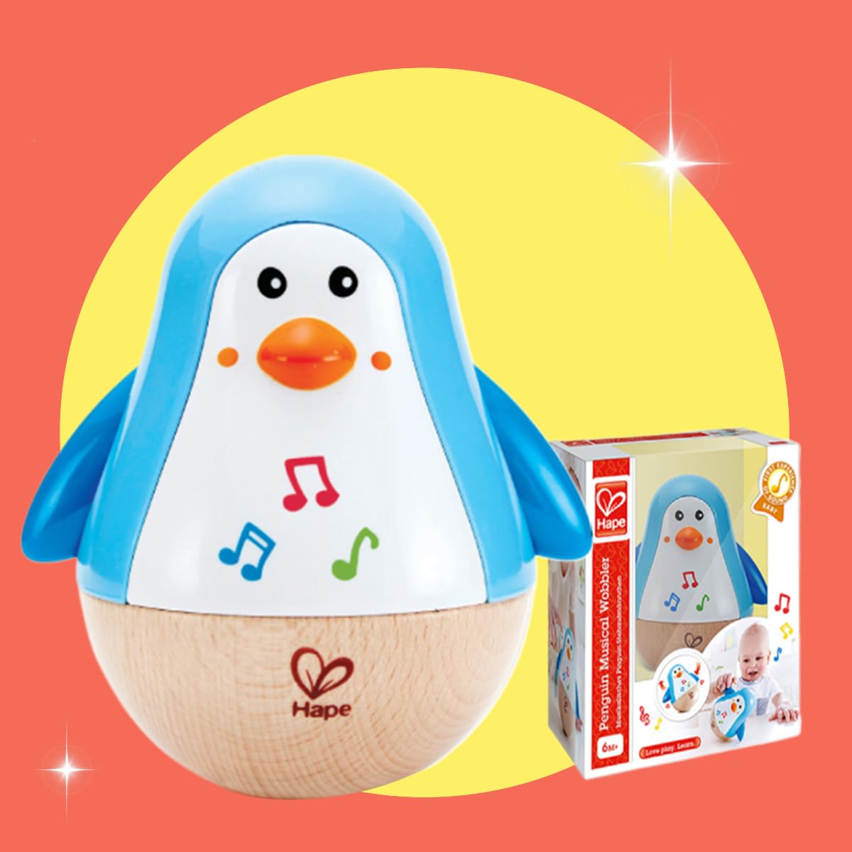 Hape Pingouin Culbuto Musical - Jouet Musical en Bois pour Enfant - Jouet d'Ăveil de MotricitĂ© pour BĂ©bĂ© dĂšs 6 Mois - Jouet Ăducatif - Jeu de Musique Fille et Garçon - Cadeau Naissance