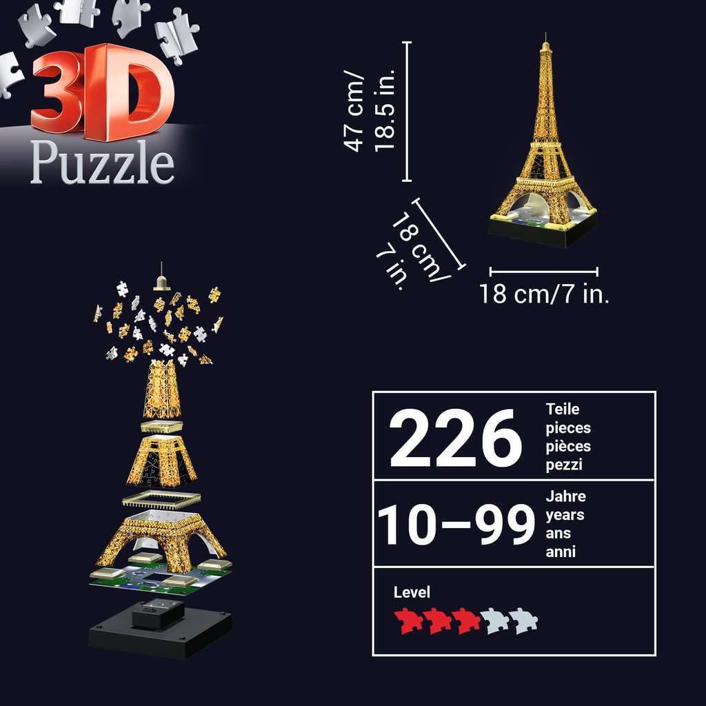 Ravensburger - Puzzle 3D Building - Tour Eiffel illuminée - A partir de 10 ans - 226 pièces numérotées à assembler sans colle - Accessoires de finition inclus - 12579