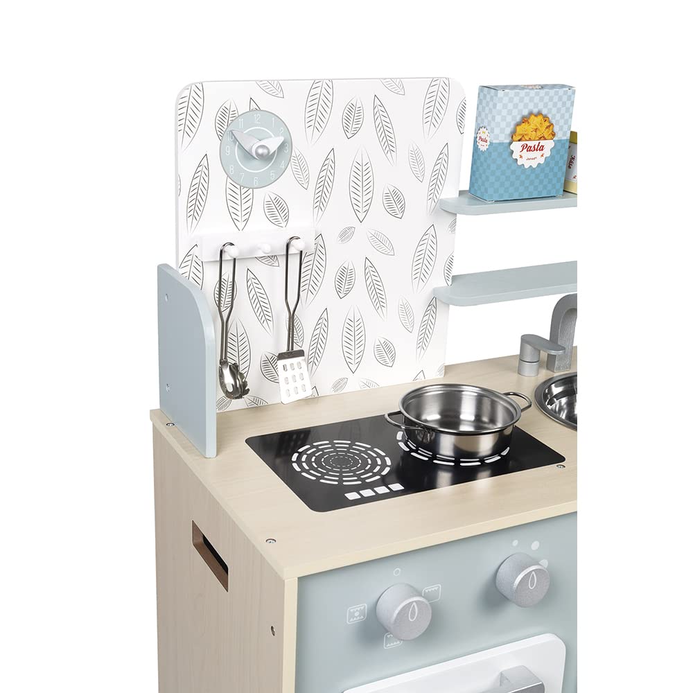 Janod - Cuisine Plume - Cuisinière en Bois pour Enfant - Avec Four, Évier en Inox, Placard, Boutons et Horloge - Cuisine en Bois Avec 5 Accessoires - De 3 à 8 Ans, J06608