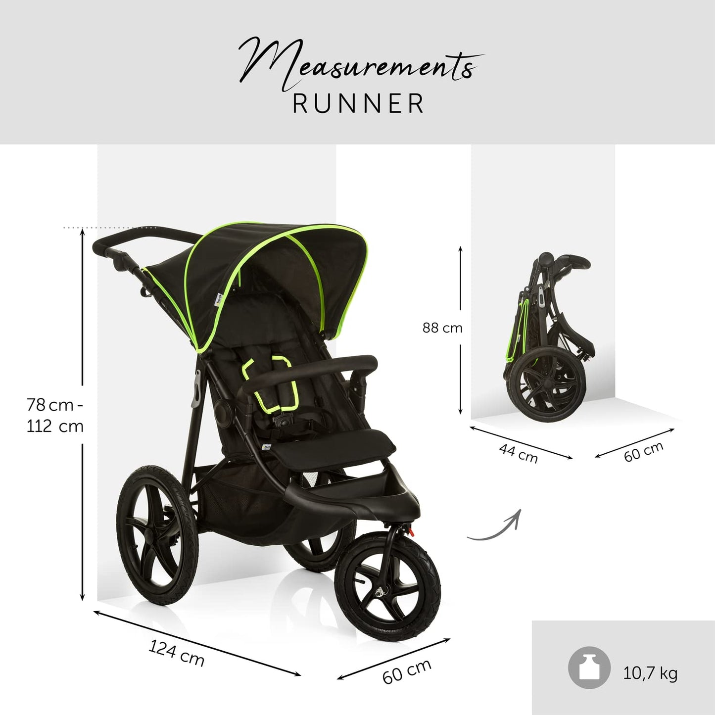 hauck Poussette 3 Roues Runner, Grandes Roues Pneumatiques, Jusqu'à 22 kg, Pliable, Position Allongée, Guidon Réglable, Panier XL Jusqu'à 3 kg, Noir Néon Jaune
