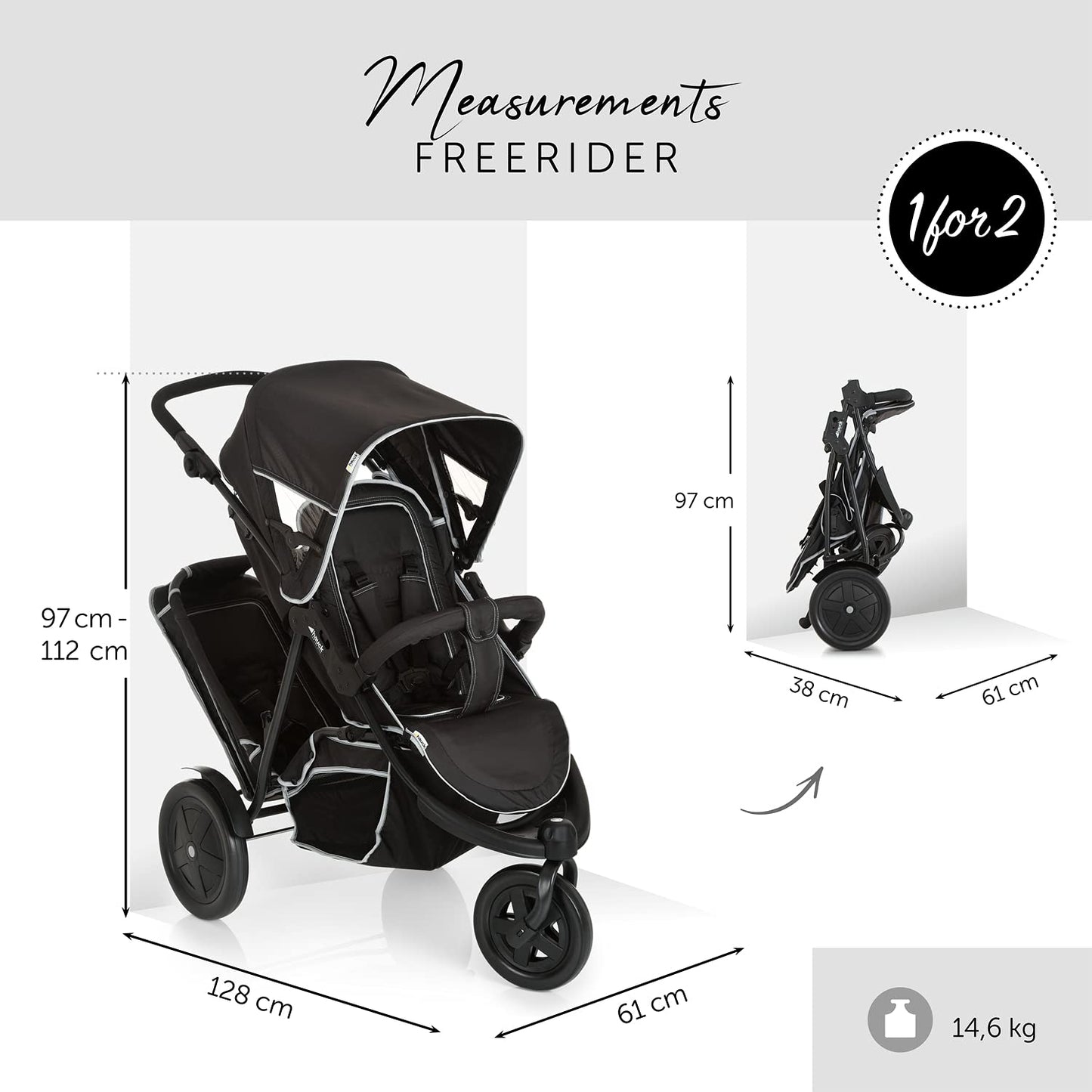 hauck Poussette Double Freerider à 3 Roues - 2 Enfants, Jusqu'à 36 kg - Hauteur Réglable, Pliable, Habillage Pluie Inclus, Siège Bas Amovible - Noir