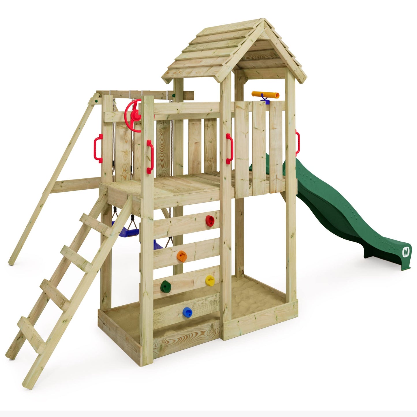 WICKEY Aire de Jeux MultiFlyer portique avec Toit en Bois & balançoire et Toboggan Vert, Tour d'escalade pour Enfants avec bac à Sable, échelle et Accessoires de Jeu pour Le Jardin.
