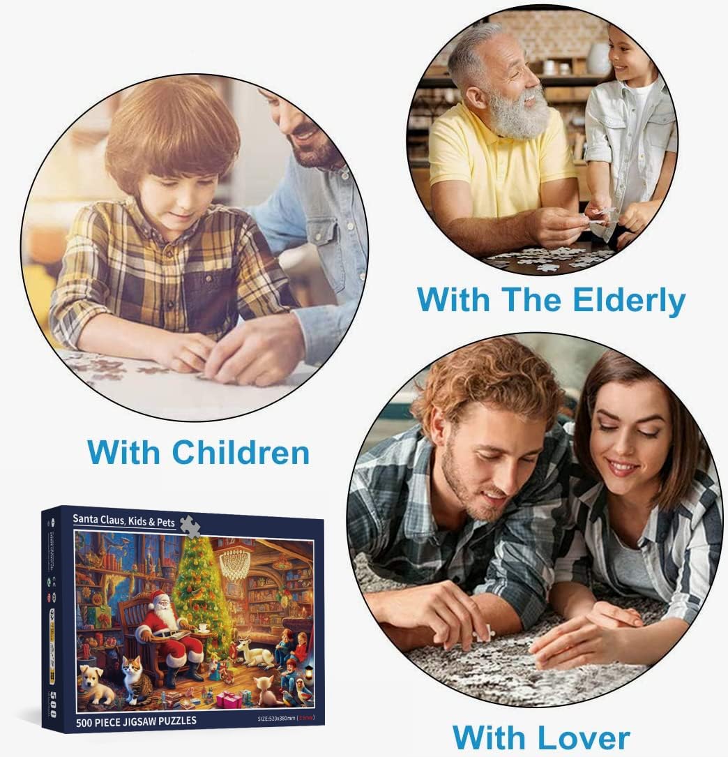 Puzzle de Noël pour Adultes 500 pièces Père Noël-Enfants Animaux de Compagnie 52 x 38 cm Puzzles de Noël pour Adultes 500 pièces Puzzles de Noël pour Adulte