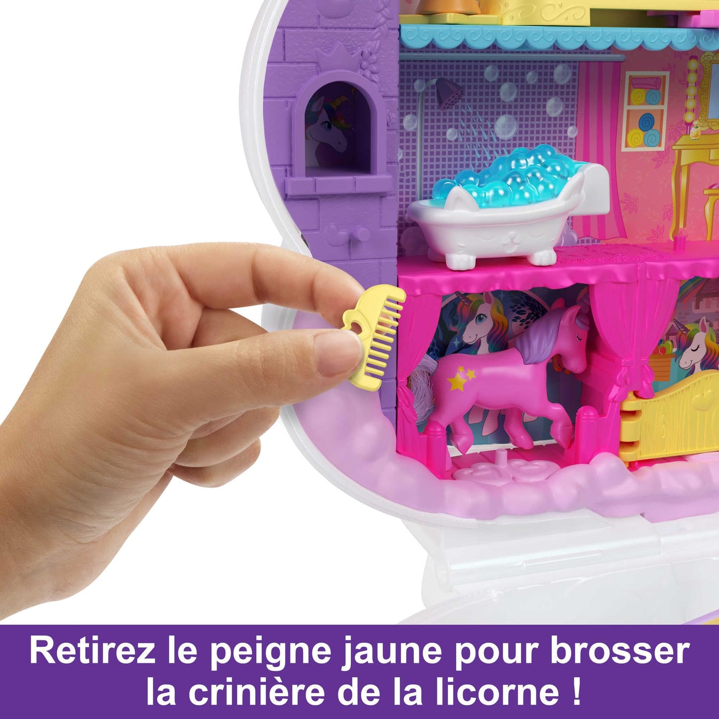 Polly Pocket Coffret 2-en-1 Salon De Coiffure Licorne Arc-en-Ciel avec Tête À Coiffer, Comprend 2 Figurines, Plus 25 Accessoires Et Éléments Mobiles, Jouet pour Enfant de 4 Ans et Plus, HMX18