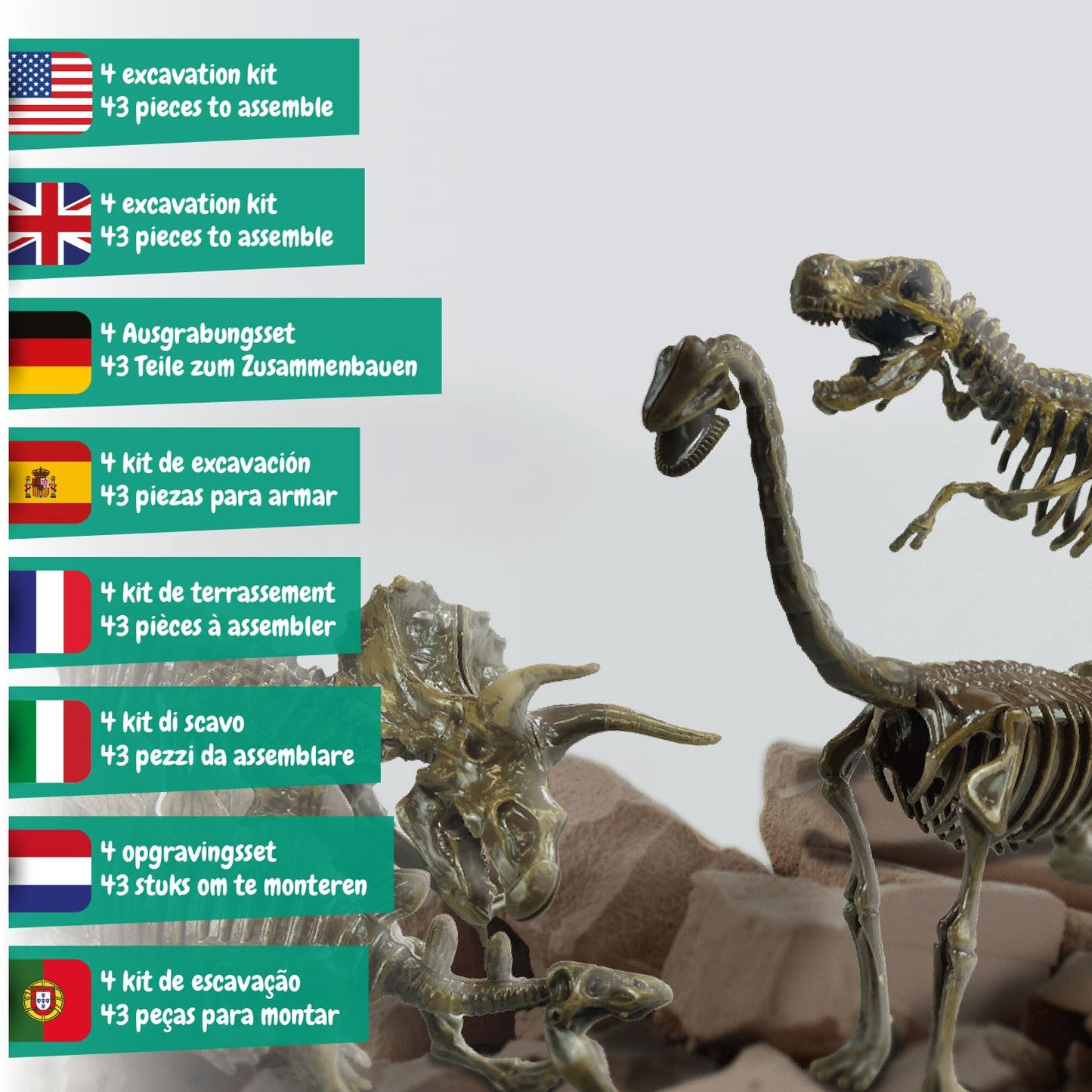 Science4you - Kit de Fouille de Fossiles 4 en 1 pour Enfants 5 6 7 8 9 10 Ans - Excaver et Assembler 4 Dinosaures: T-Rex, Triceratops, Velociraptor et Stegosaurus - Jouet Idéal pour Filles et Garçons