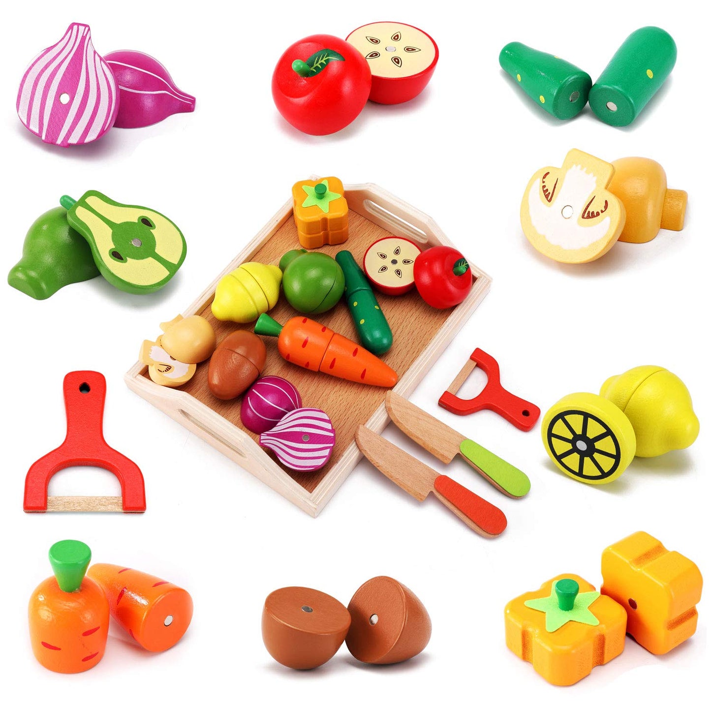 CARLORBO Jouet en Bois Montessori Cuisine en Bois Nourriture pour Enfants - Aliments Bois Fruit et Légumes Jouets, Jouets Enfants Cadeau