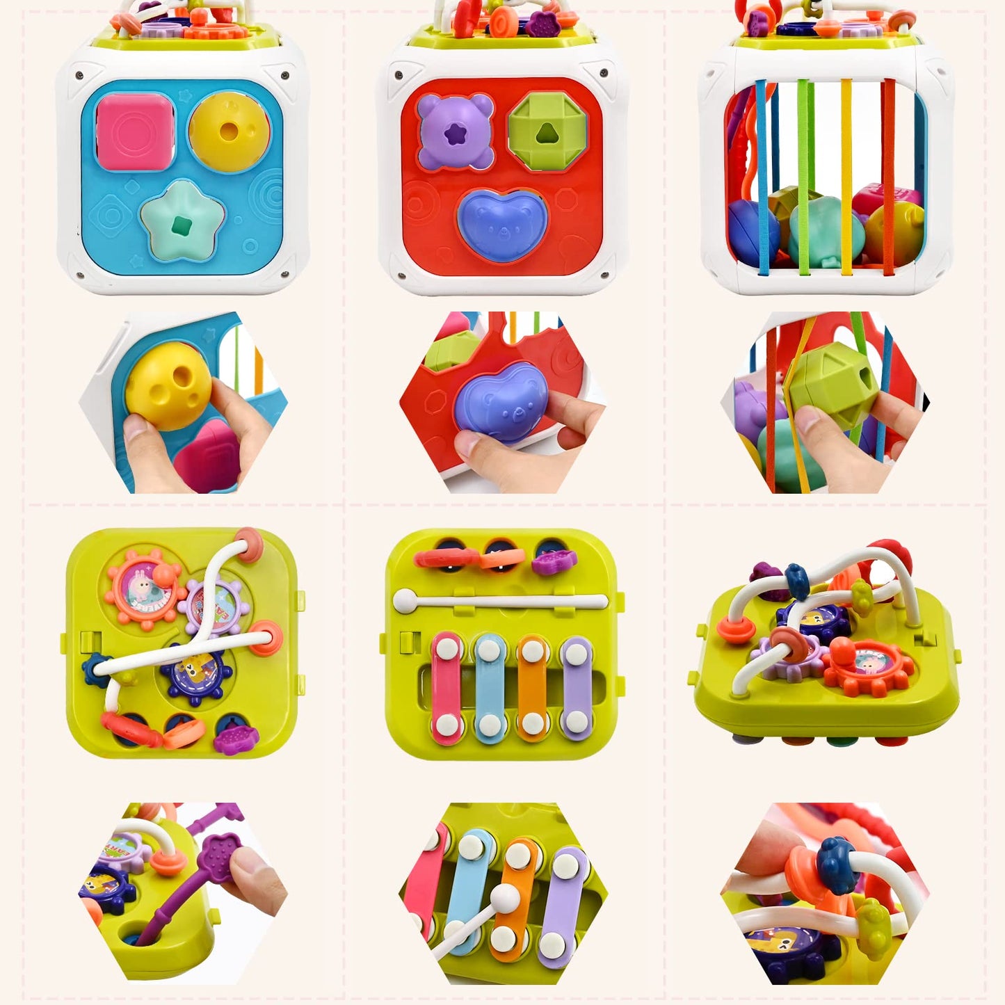 Jouet Bebe 1 2 An, 7 in 1 Montessori Sensoriel Jouets pour Bebe 6 9 12 18 Mois Naissance Fille Garcon, Cadeau Educatif Motricité Cube d'activité Jeux pour Enfants 1 2 Ans Anniversaire Noël Cadeau