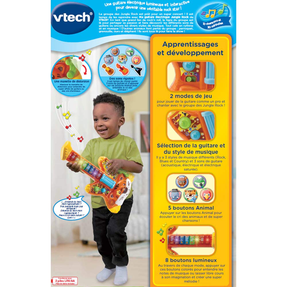 VTech - Ma Guitare Électrique Jungle Rock, Instrument de Musique Enfant, Guitare Interactive Tigre, Jeu d'Éveil Musical, Jouet Lumineux, Cadeau Enfant 2 Ans - Contenu en Français