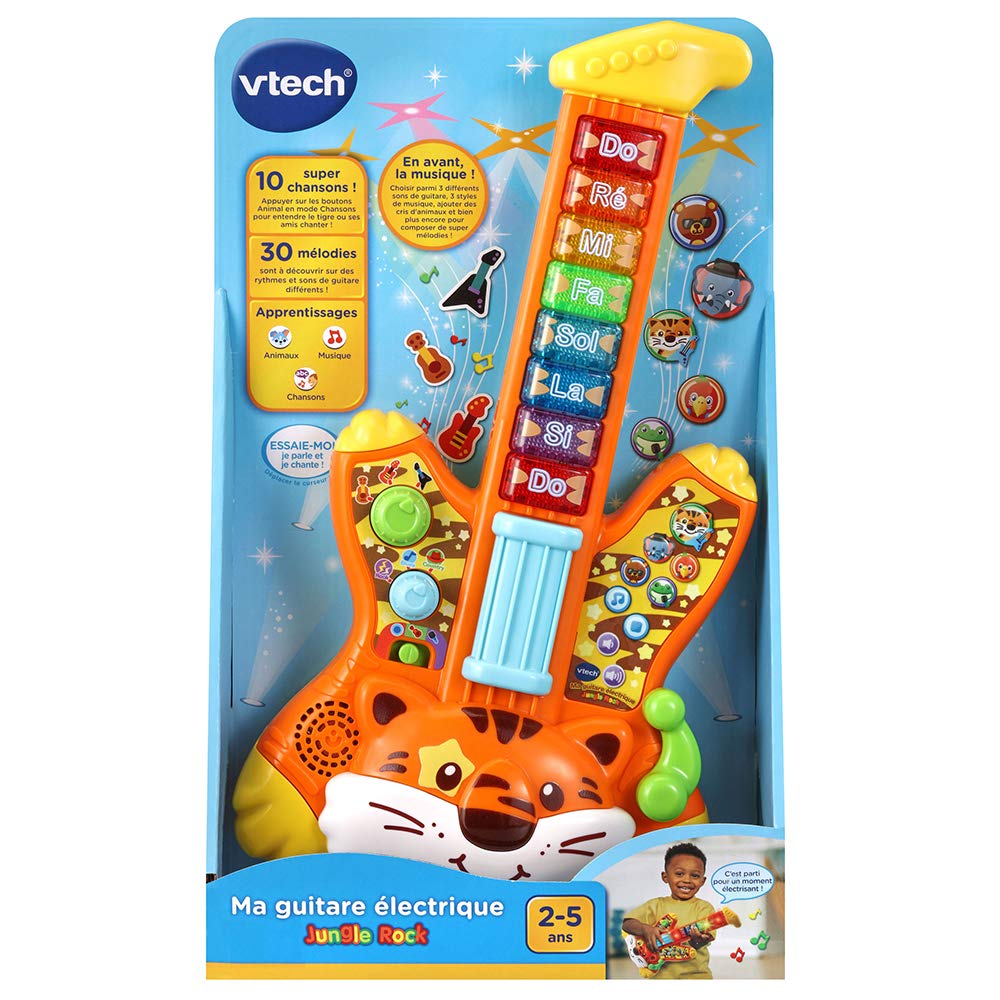 VTech - Ma Guitare Électrique Jungle Rock, Instrument de Musique Enfant, Guitare Interactive Tigre, Jeu d'Éveil Musical, Jouet Lumineux, Cadeau Enfant 2 Ans - Contenu en Français