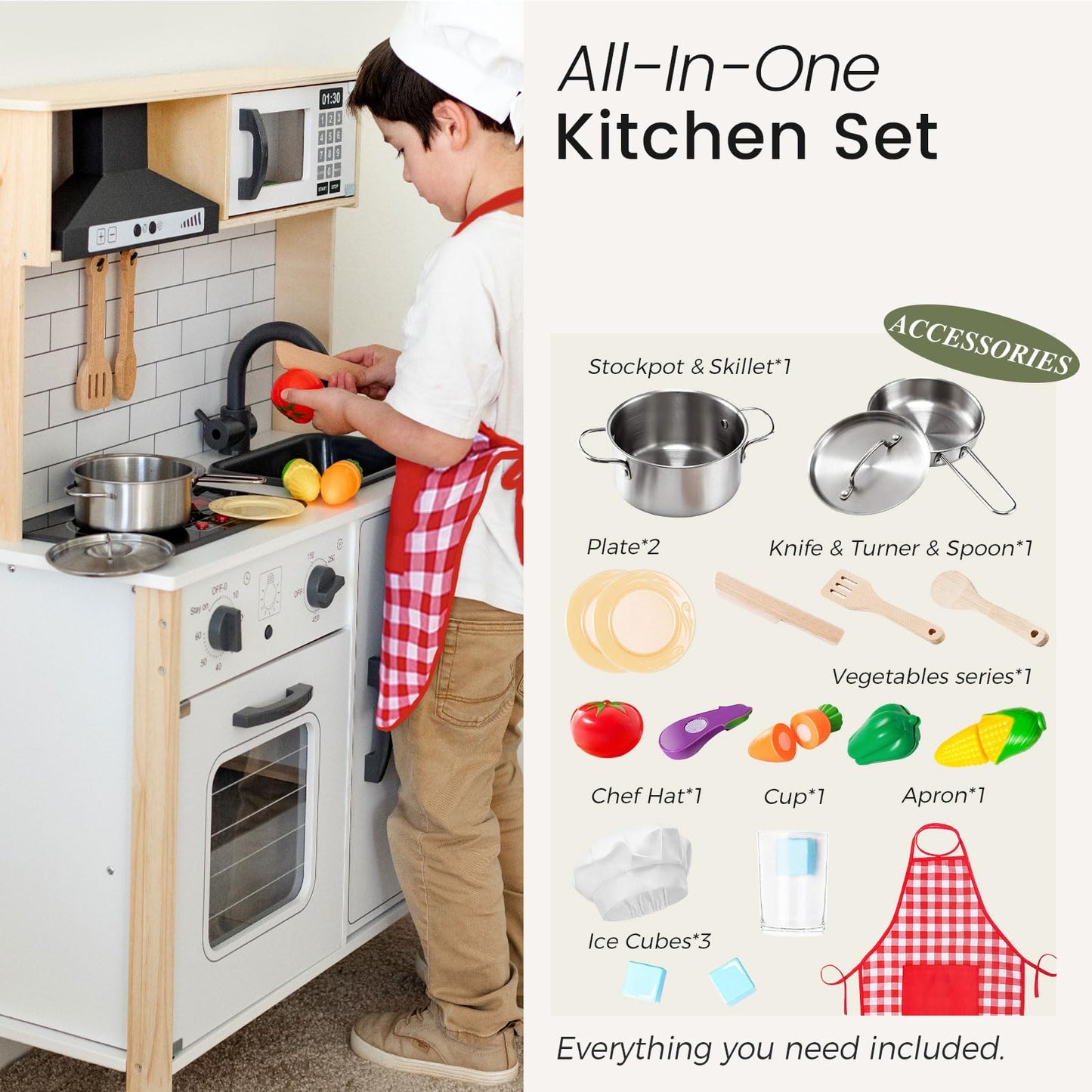 Cuisine Enfant avec 18 Accessoires pour Aliments et ustensiles de Cuisine Jouet Ensemble de Jeu en Bois pour Les Tout-Petits