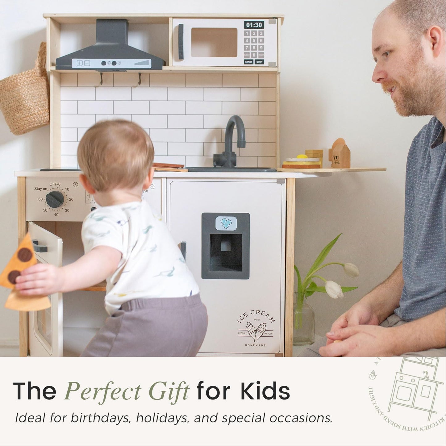 Cuisine Enfant avec 18 Accessoires pour Aliments et ustensiles de Cuisine Jouet Ensemble de Jeu en Bois pour Les Tout-Petits