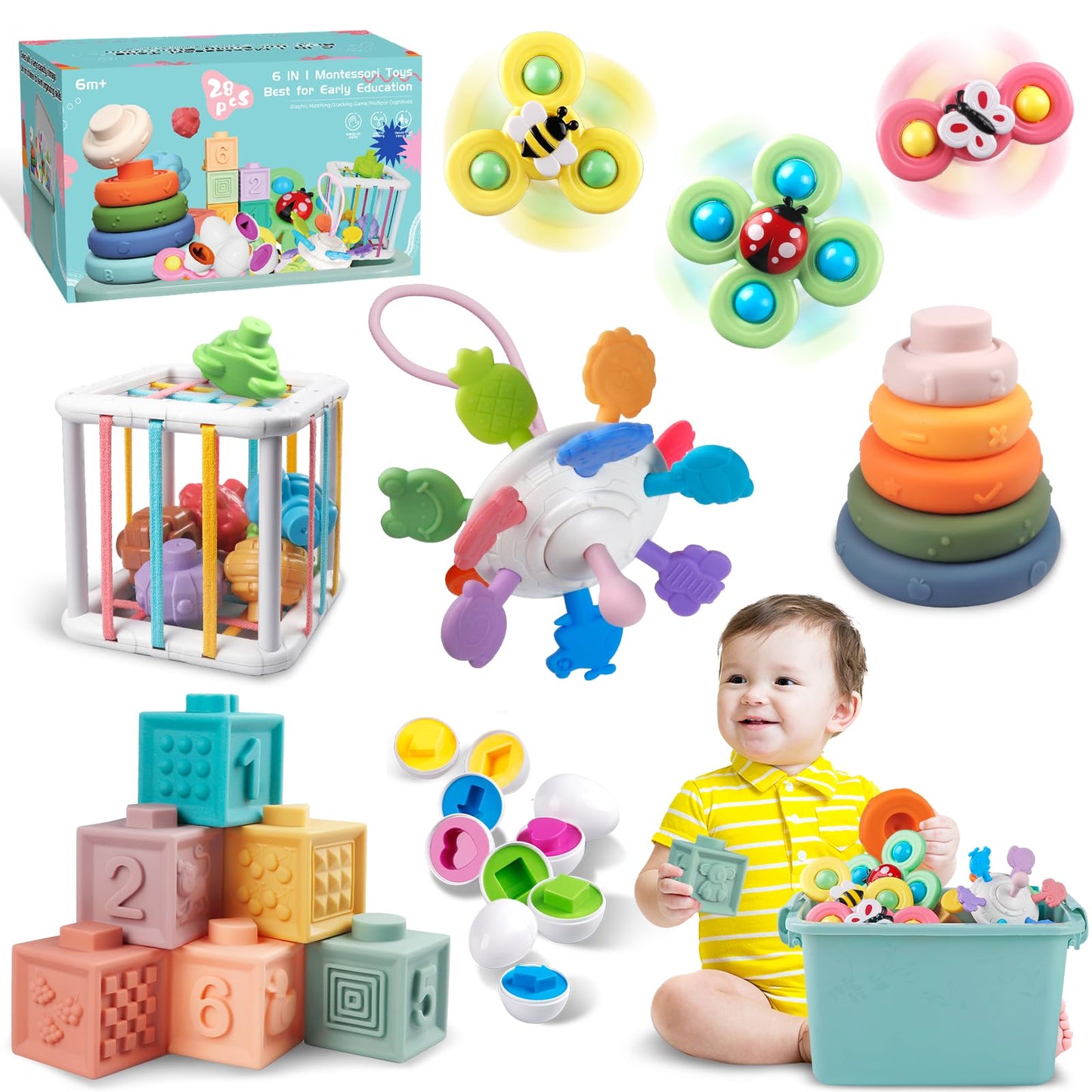 Weilim Jouets Bébés pour 6 à 12 Mois, Montessori Jeux Bébé Eveil, Jouets sensoriels, 6 en 1 avec Bebe Cube d'activité, œufs à associer, Jouet à Ventouse à Rotation (6 in 1)