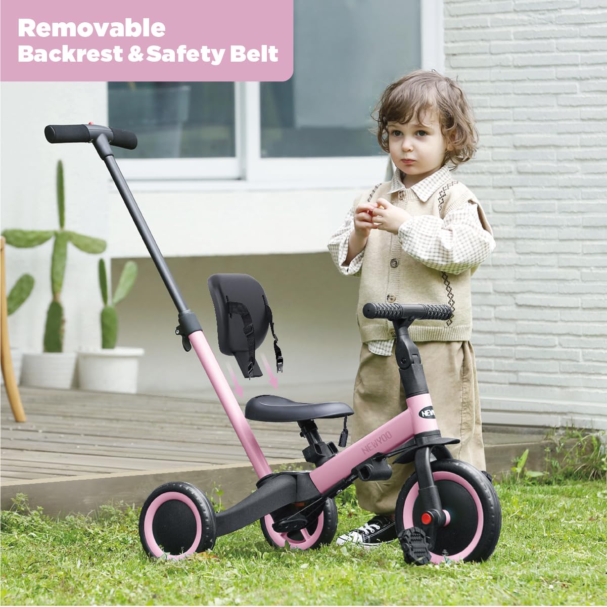 newyoo Tricycle 5 en 1, pour enfants de 1 à 3 ans; avec barre de direction, pédales amovibles, siège réglable (rose)