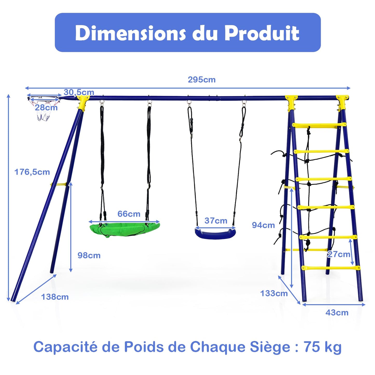 COSTWAY 5 en 1 Balançoire Enfants Extérieur avec Panier de Basket, Balançoire Nid d'Oiseau Ø66 cm et en U avec Hauteur Réglable, Filet & Echelle d’Escalade, Charge 75kg pour 3-12 Ans