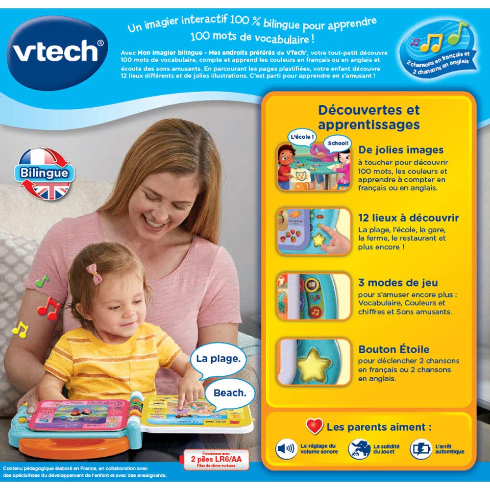 VTech - Mon Imagier Bilingue, Imagier Parlant Mes 100 Endroits Préférés, Livre Sonore, 12 Pages Illustrées et Interactives, Jouet Éducatif, Cadeau Enfant Dès 18 Mois - Contenu en Français et Anglais