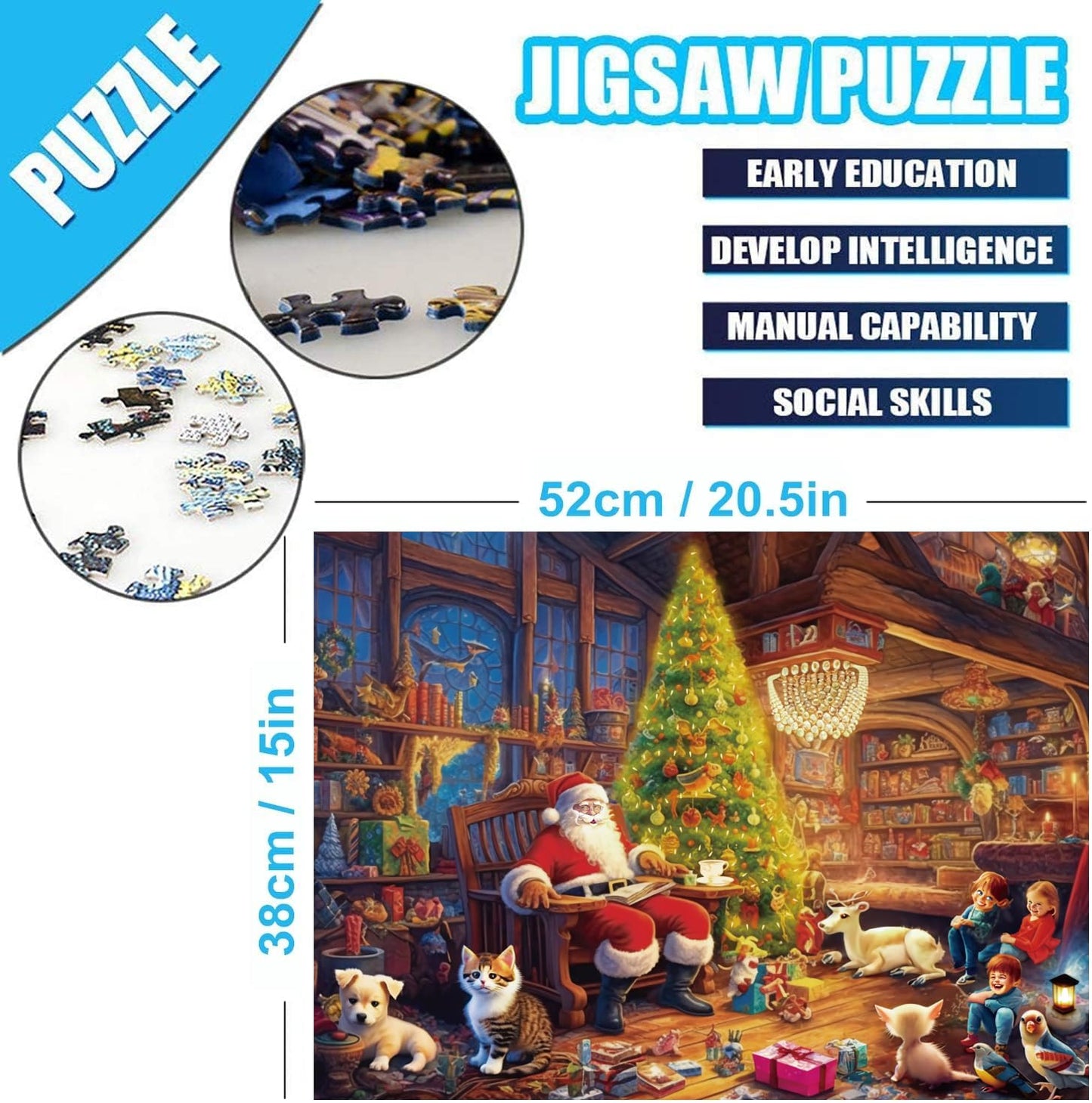 Puzzle de Noël pour Adultes 500 pièces Père Noël-Enfants Animaux de Compagnie 52 x 38 cm Puzzles de Noël pour Adultes 500 pièces Puzzles de Noël pour Adulte