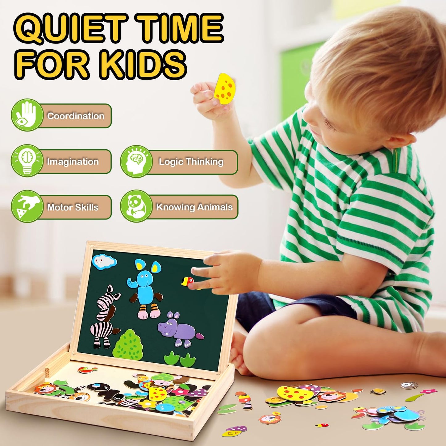 Uping Puzzles en Bois Magnétique 100 Pièces, Tableau Double Face Aimanté, Planche à Dessin Stylos Colorés Craies, Jouet Educatif Enfant 3 Ans Plus