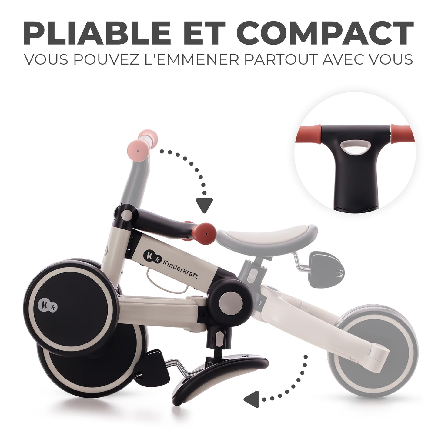 Kinderkraft 4TRIKE Tricycle 3en1, Tricycle pliable, Vélo sans Pédales, Vélo Bébé, Mini Draisienne, Trotteur, Selle réglable, Trois Roues, De 12 mois à environ 5 ans, 25kg, Gris