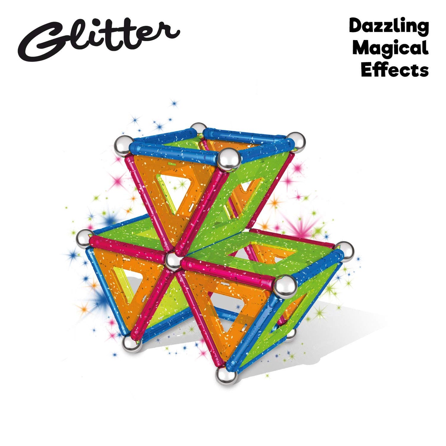 GEOMAG - CLASSIC GLITTER 30 Pièces - Jeu Construction Magnétique Pailleté pour Enfants dès 3-4 Ans- Fabrication Suisse - 13 Tiges Colorées à Paillettes, 16 Billes, 1 Base Construction -Jeux Aimanté