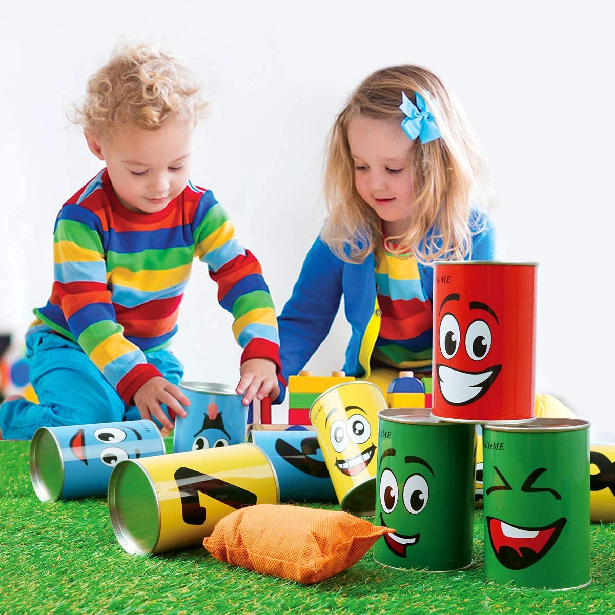 Ulifeme Chamboule Tout, Jeux de Plein Air pour Enfant et Adulte, Jeux Exterieur avec 10pcs Sourire Boite de Conserve Metal + 3pcs Sacs de Fèves, Jeux de Lancer Cadeau for Enfants Anniversaire et Fête
