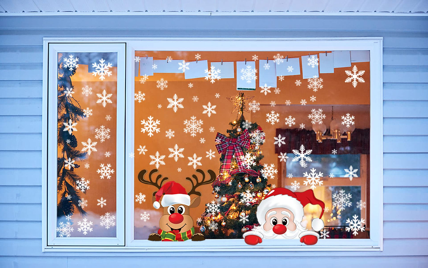 TRABIG 152PCS Noel Autocollants Noël Stickers Fenetre Père Noël Wapiti Flocon de Neige, Noël Décoration DIY Autocollant Fenetre PVC Statique Motif à Double Impression, Deco Noel pour Fenetre