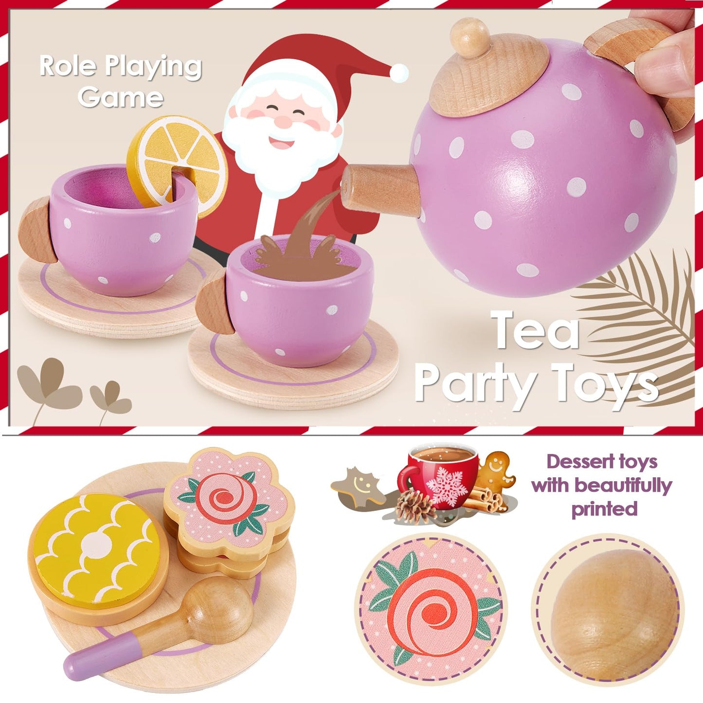 AOLEVA Service à Thé Jouets Cuisine en Bois pour Enfants, Dînette Enfant Cuisine Accessoire ave Plateau Anniversaire Cadeau pour Enfants Filles Garçons 3 4 5 an