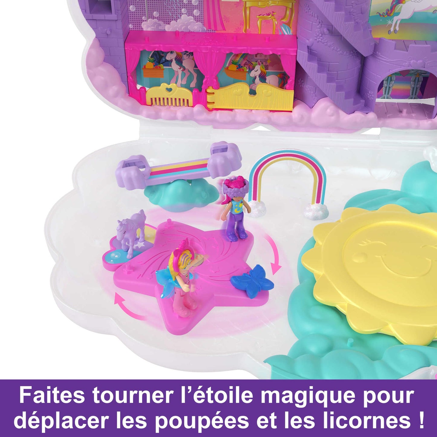 Polly Pocket Coffret 2-en-1 Salon De Coiffure Licorne Arc-en-Ciel avec Tête À Coiffer, Comprend 2 Figurines, Plus 25 Accessoires Et Éléments Mobiles, Jouet pour Enfant de 4 Ans et Plus, HMX18