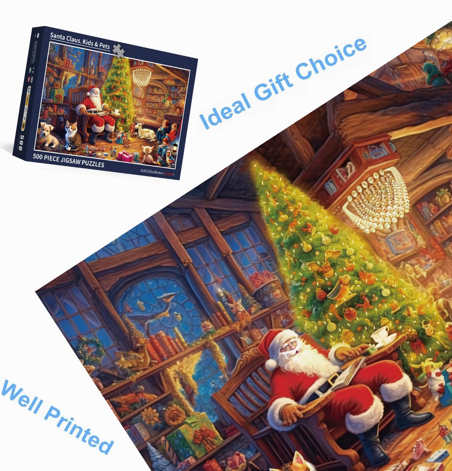Puzzle de Noël pour Adultes 500 pièces Père Noël-Enfants Animaux de Compagnie 52 x 38 cm Puzzles de Noël pour Adultes 500 pièces Puzzles de Noël pour Adulte