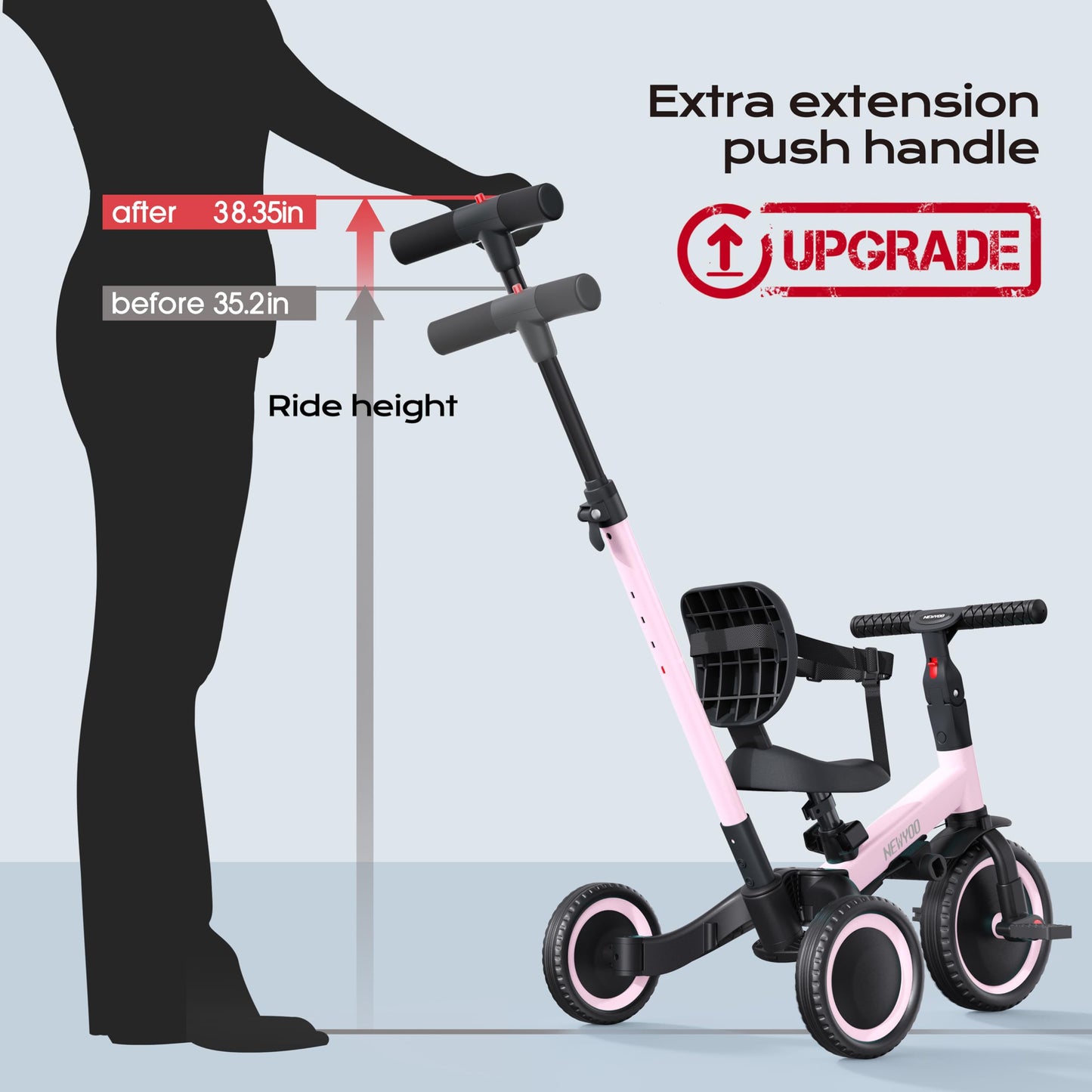 newyoo Tricycle 5 en 1, pour enfants de 1 à 3 ans; avec barre de direction, pédales amovibles, siège réglable (rose)
