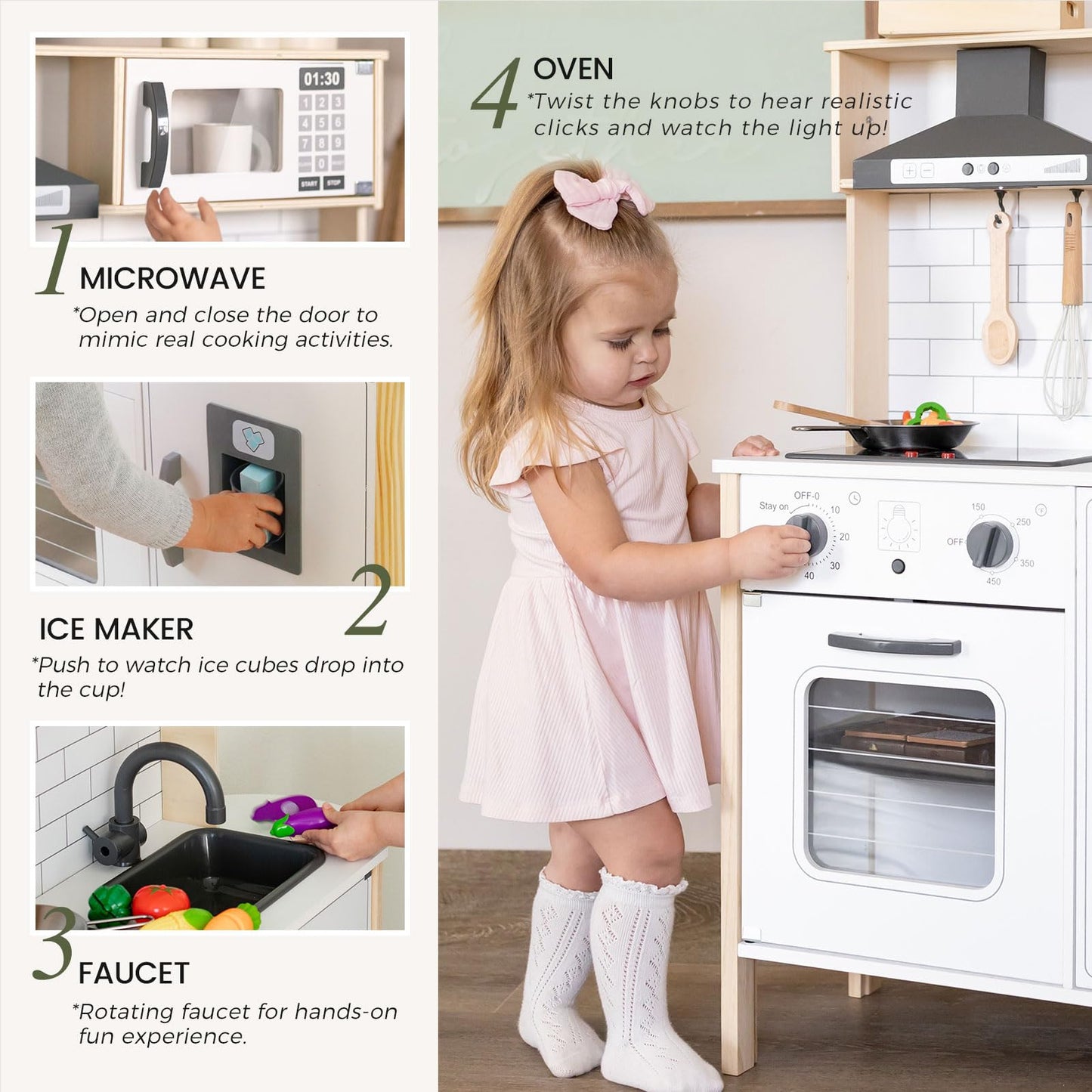 Cuisine Enfant avec 18 Accessoires pour Aliments et ustensiles de Cuisine Jouet Ensemble de Jeu en Bois pour Les Tout-Petits