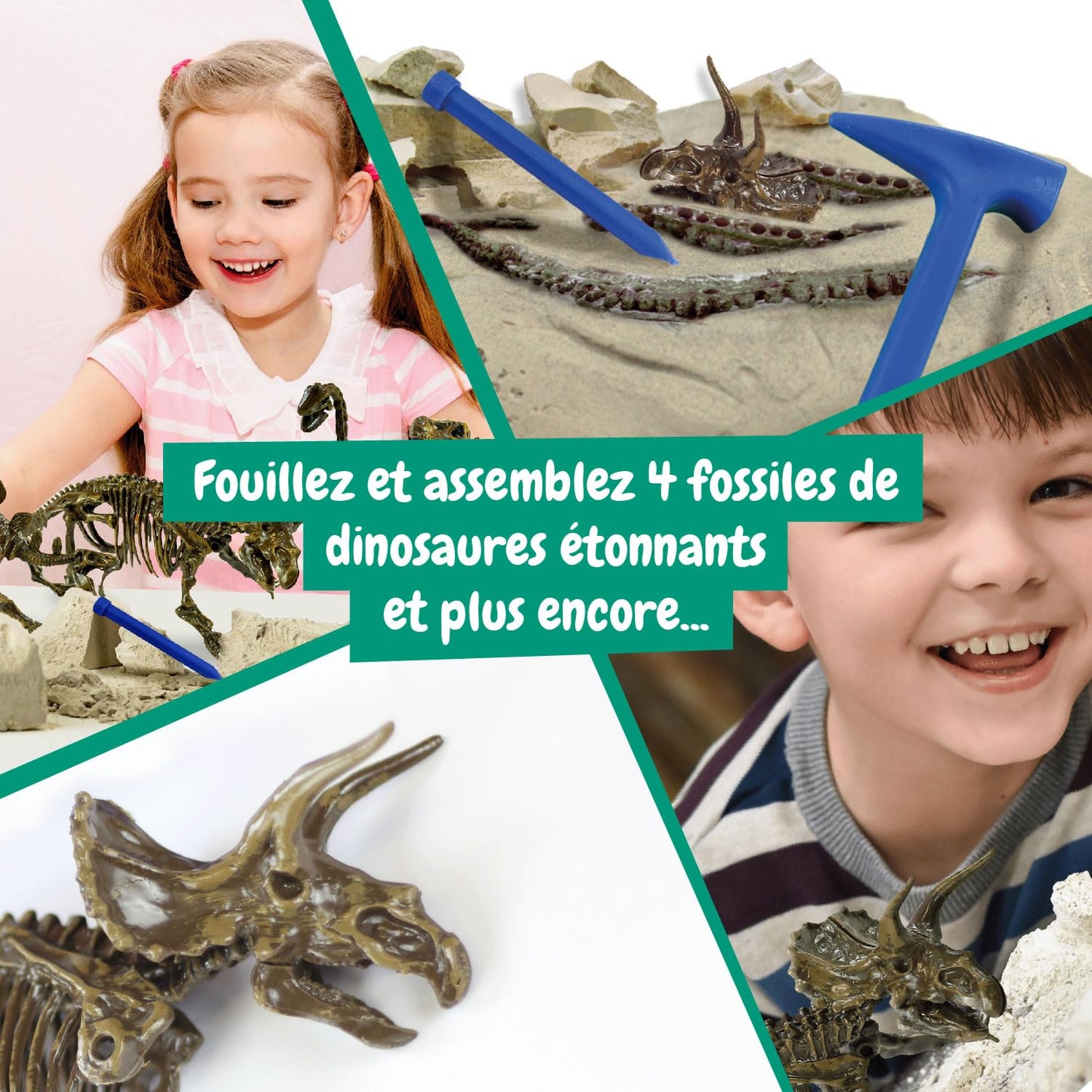 Science4you - Kit de Fouille de Fossiles 4 en 1 pour Enfants 5 6 7 8 9 10 Ans - Excaver et Assembler 4 Dinosaures: T-Rex, Triceratops, Velociraptor et Stegosaurus - Jouet Idéal pour Filles et Garçons