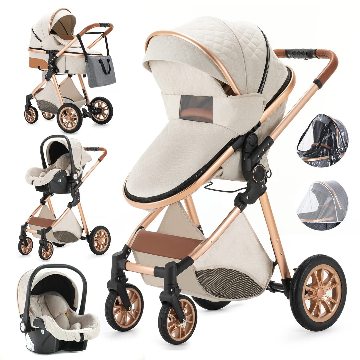 Poussette 3 en 1, Poussettes Citadines Avec Siège Auto, Poussette - Cadre en Aluminium
