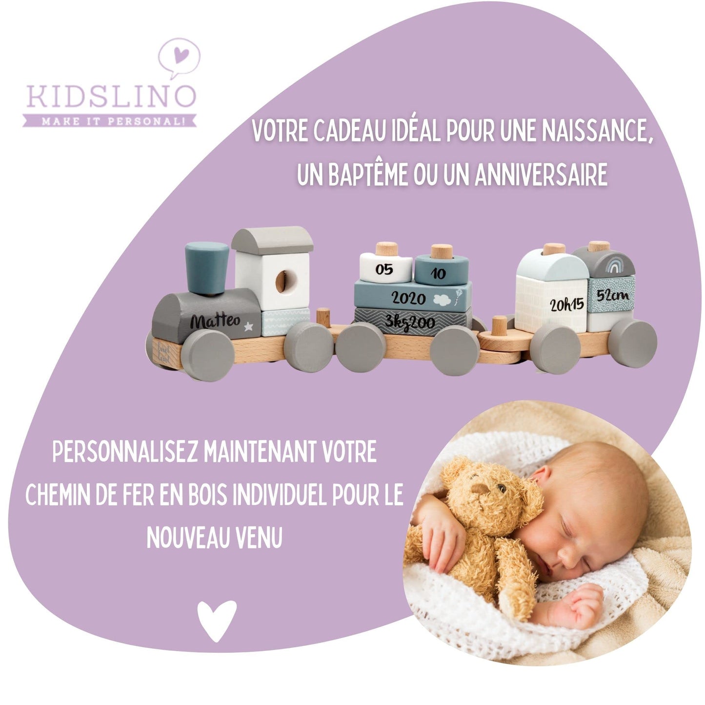 Train en Bois de Couleur Bleue - Personnalisable I Cadeau de Naissance pour garçon I Jouet en Bois Fait à la Main avec Formes à emboîter I Cadeau personnalisé pour bébé