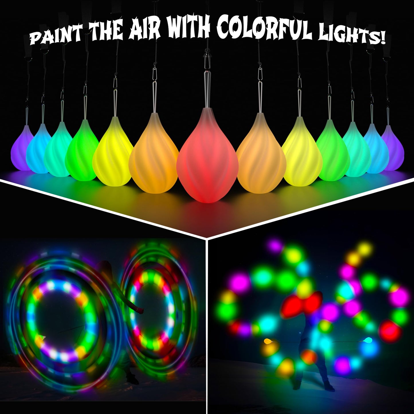 Lot de 2 LED Poi Lumineux Boules Poi - Balles de Jonglages | LED Boule Lumineuse Cirque Accessoires | 1Paire Kit Boules Multicolores Lumineuses Débutants & Professionnels | Pour Enfants & Adultes