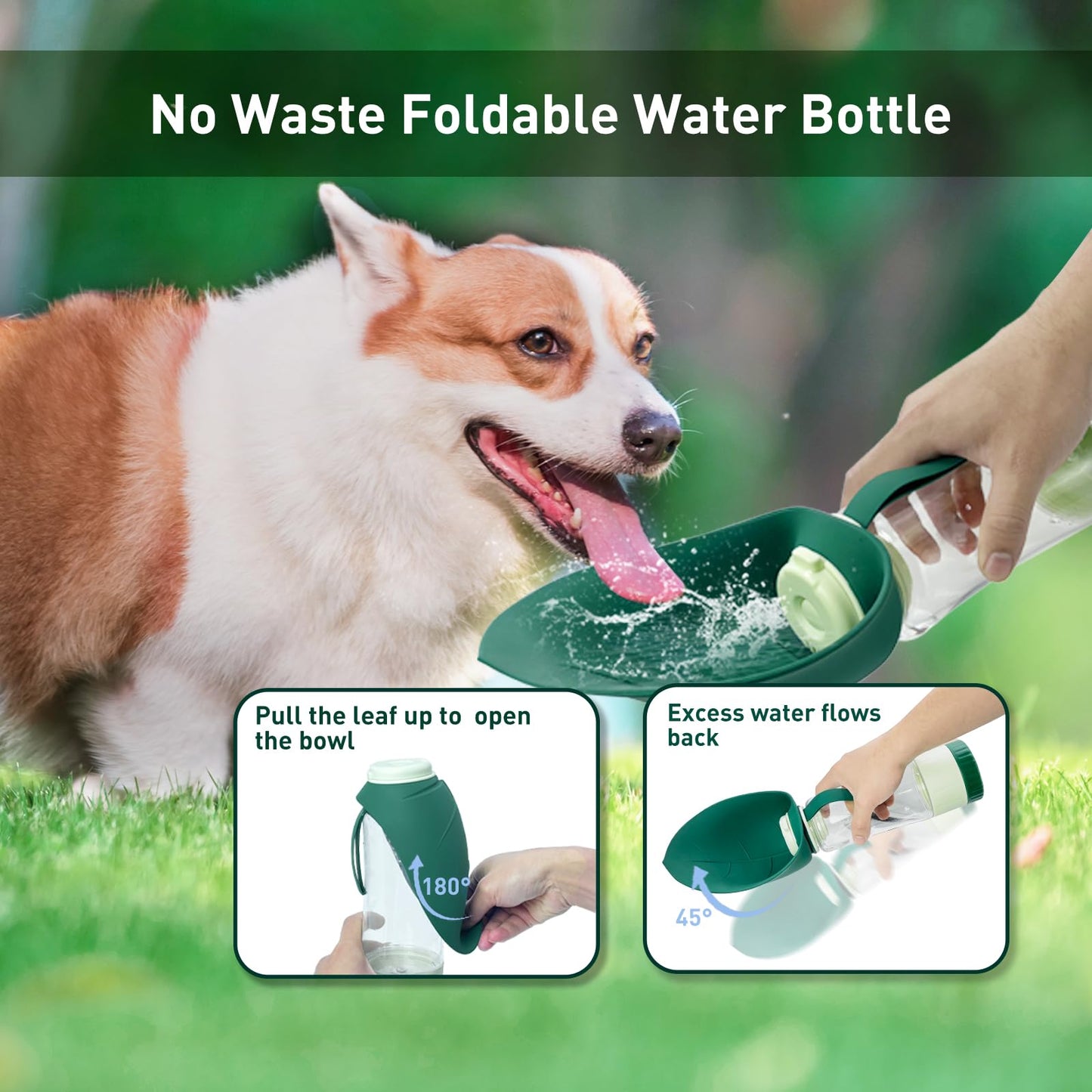 Blanlody Gourde pour Chien - Anti-Fuite - Grande Taille - 600 ML + Distributeur de Nourriture de 190 ML - pour Chien et Chat en déplacement, Voyage et Anniversaire (Vert, 600ml)