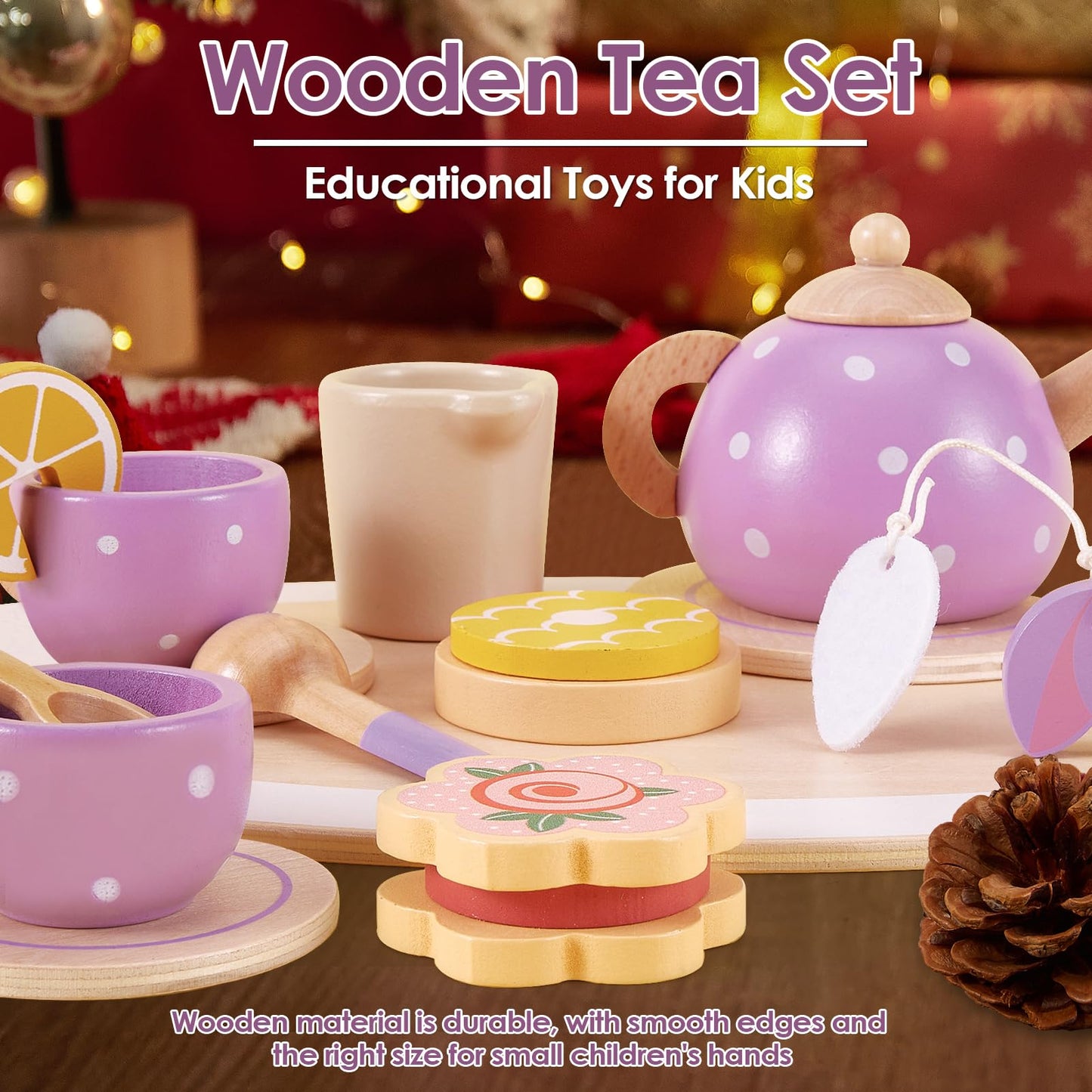 AOLEVA Service à Thé Jouets Cuisine en Bois pour Enfants, Dînette Enfant Cuisine Accessoire ave Plateau Anniversaire Cadeau pour Enfants Filles Garçons 3 4 5 an