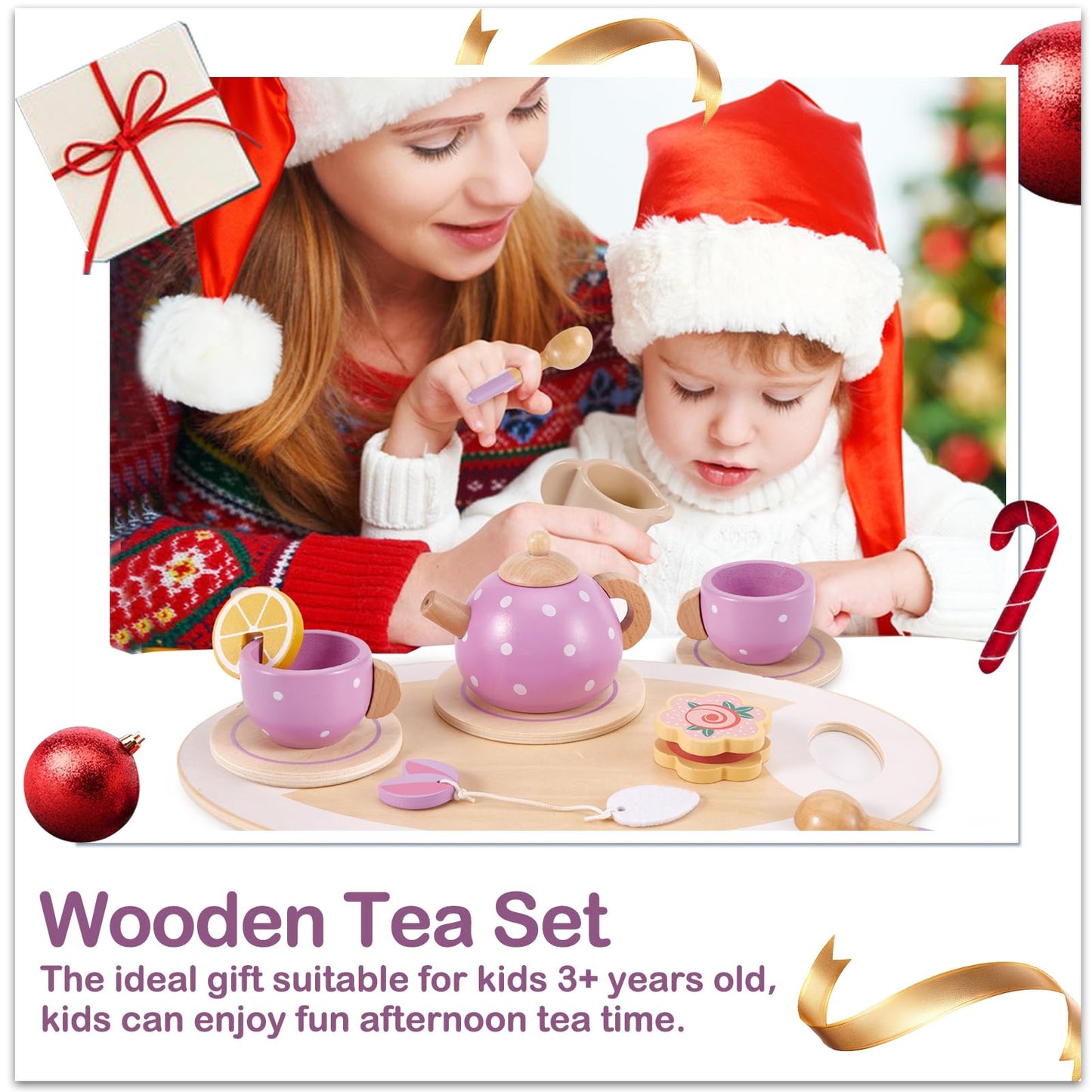 AOLEVA Service à Thé Jouets Cuisine en Bois pour Enfants, Dînette Enfant Cuisine Accessoire ave Plateau Anniversaire Cadeau pour Enfants Filles Garçons 3 4 5 an