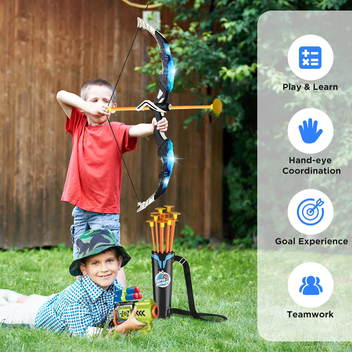 VATOS 2 Pack Arc et Flèche Jouet pour 3-12 Ans Garçons Filles, Jouet de Tir à l'arc Lumineux avec Coupe Suction Cible Debout & 29 in Dart Board, Jouets d'Activité d'Intérieur et d'Extérieur Cadeau