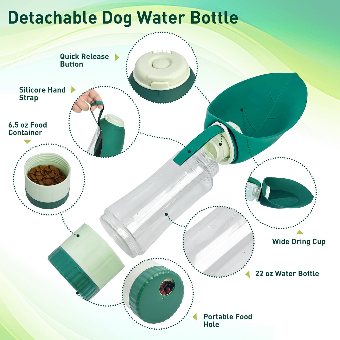 Blanlody Gourde pour Chien - Anti-Fuite - Grande Taille - 600 ML + Distributeur de Nourriture de 190 ML - pour Chien et Chat en déplacement, Voyage et Anniversaire (Vert, 600ml)