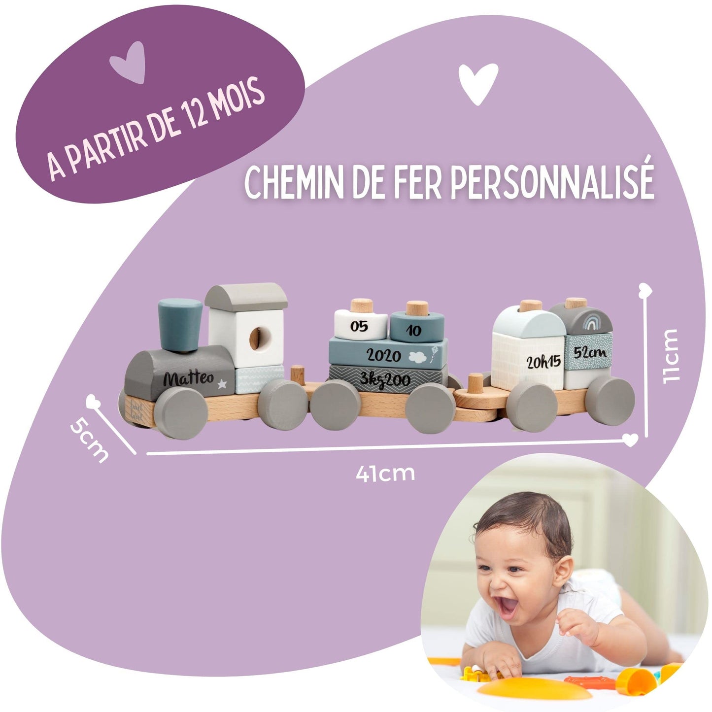 Train en Bois de Couleur Bleue - Personnalisable I Cadeau de Naissance pour garçon I Jouet en Bois Fait à la Main avec Formes à emboîter I Cadeau personnalisé pour bébé