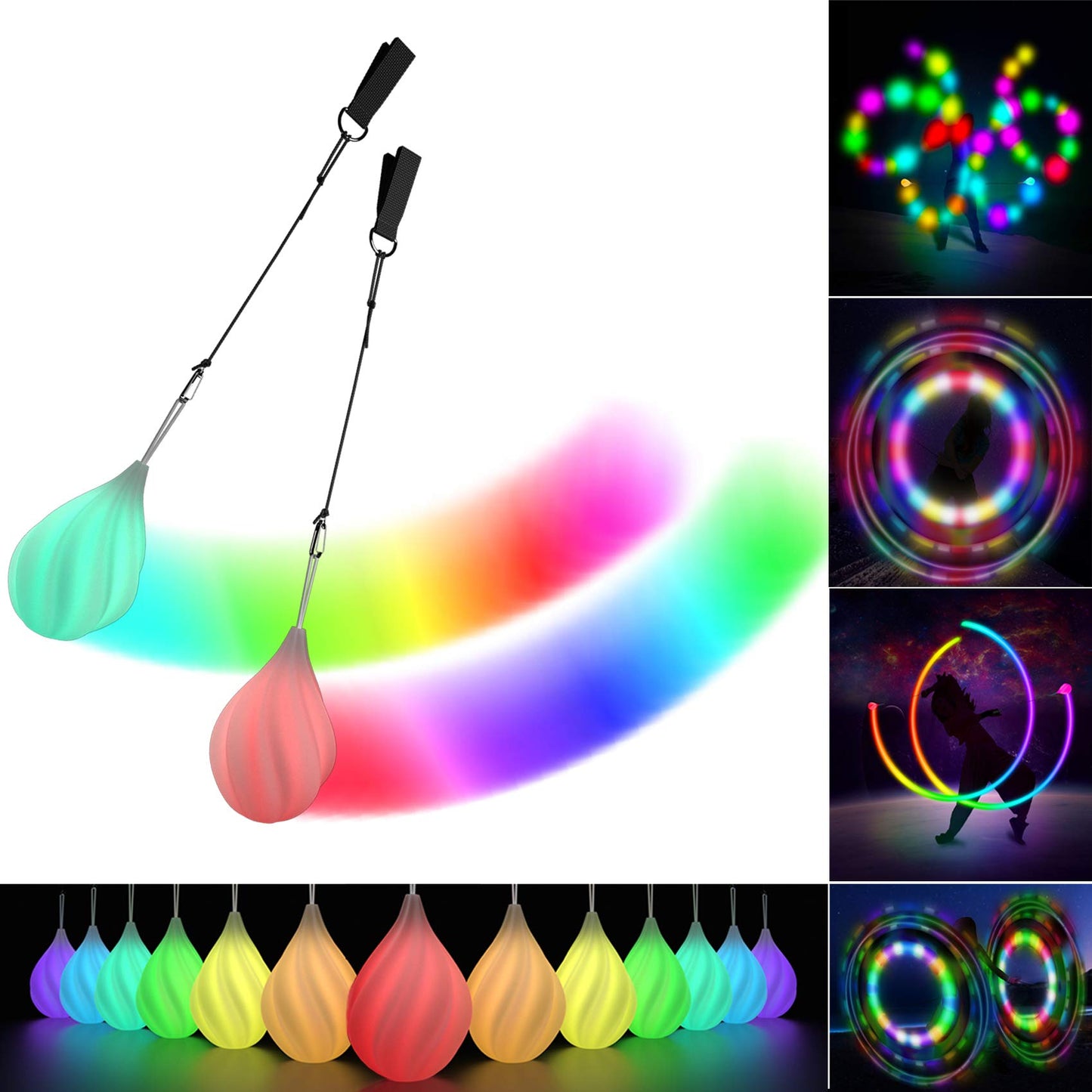 Lot de 2 LED Poi Lumineux Boules Poi - Balles de Jonglages | LED Boule Lumineuse Cirque Accessoires | 1Paire Kit Boules Multicolores Lumineuses Débutants & Professionnels | Pour Enfants & Adultes