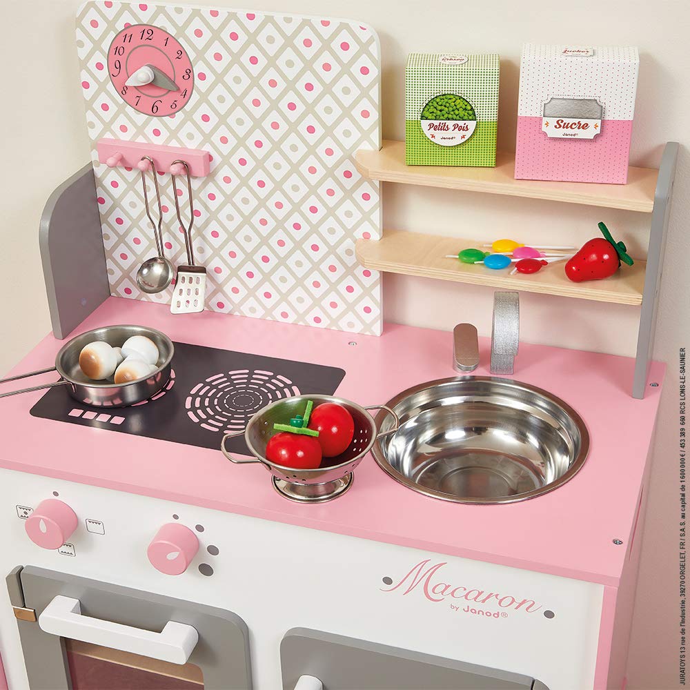 Janod - Cuisine Enfant en Bois Macaron - Équipée avec Frigo et Four Micro Ondes - Avec Bruitage - Imitation et Eveil - 5 Accessoires Inclus - Dès 3 ans, J06567, Rose et Blanc