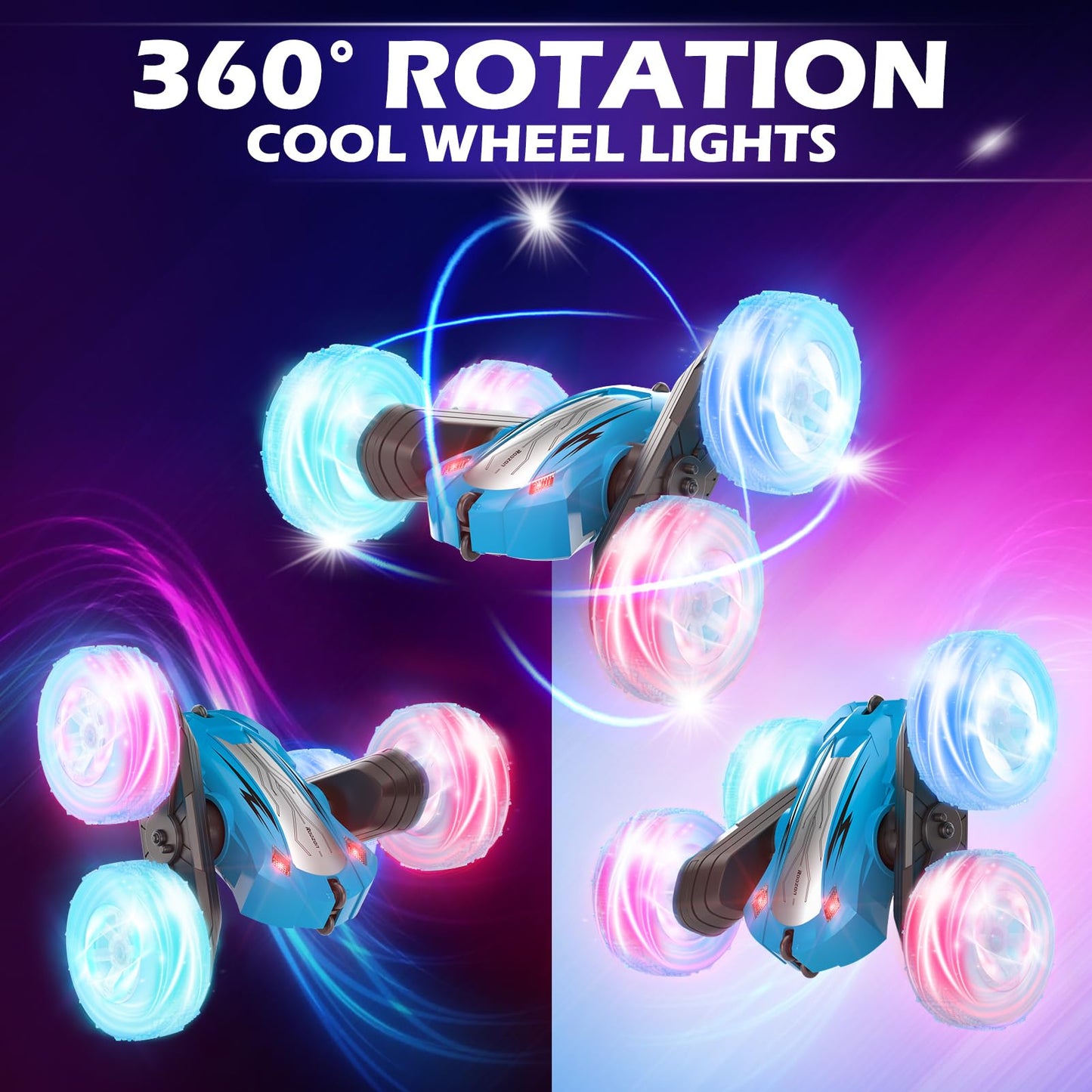 Rodzon Voiture Télécommandée Enfant, 360°Rotation Camion Cascadeuse avec Feux de Roue, 2.4GHz RC Voiture Radiocommandee Jeux Extérieur Jouet Cadeau pour Garçon Fille 3-12 Ans, 2 x Batterie (Bleu)