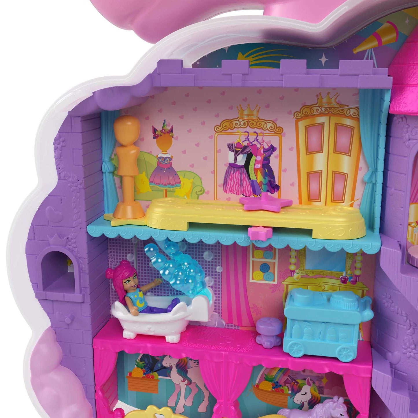Polly Pocket Coffret 2-en-1 Salon De Coiffure Licorne Arc-en-Ciel avec Tête À Coiffer, Comprend 2 Figurines, Plus 25 Accessoires Et Éléments Mobiles, Jouet pour Enfant de 4 Ans et Plus, HMX18