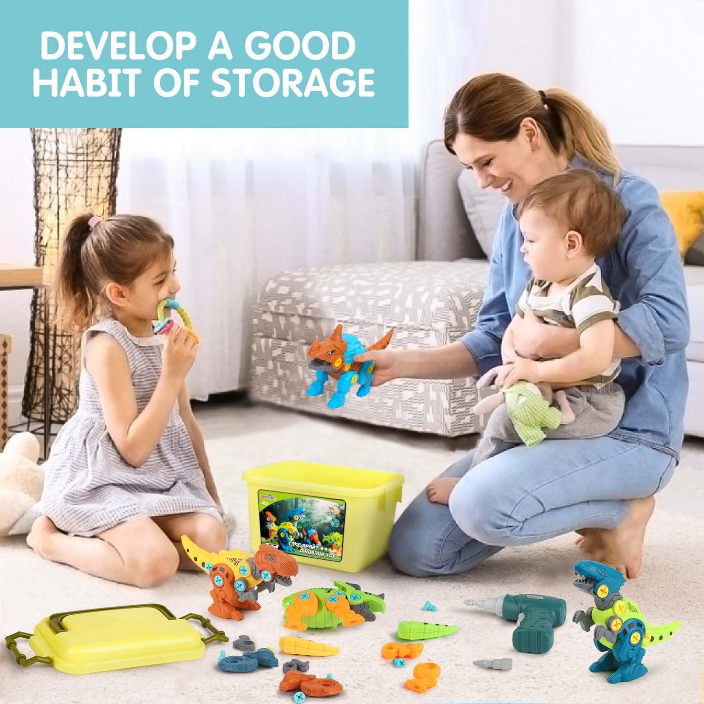 Dreamon Dinosaure Jouet Enfant Garcon 4 5 7 Ans, avec Boîte de Rangement Perceuse Électrique, DIY Construction Puzzle Jouet Cadeau pour Garçons Filles