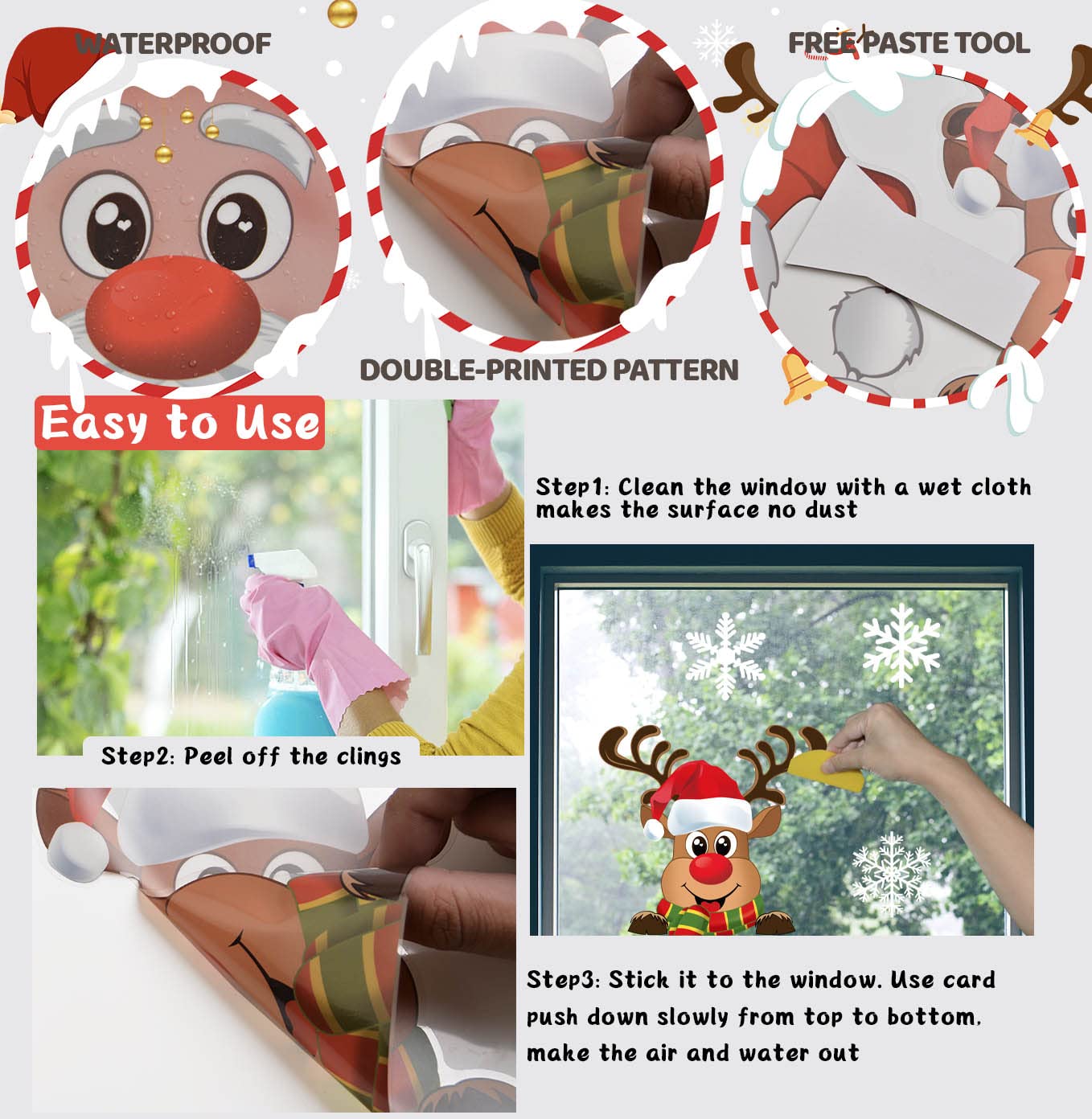 TRABIG 152PCS Noel Autocollants Noël Stickers Fenetre Père Noël Wapiti Flocon de Neige, Noël Décoration DIY Autocollant Fenetre PVC Statique Motif à Double Impression, Deco Noel pour Fenetre